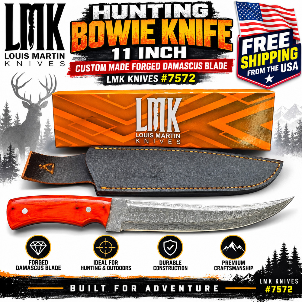 Hunting Bowie Knife 11 Inch, Custom Made Forged Damascus Blade LMK Knives #7572
